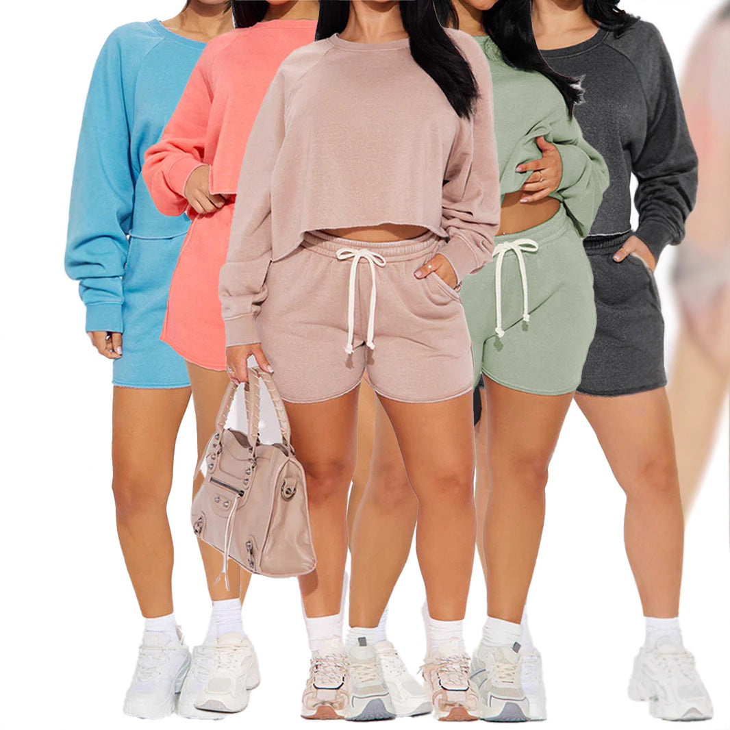 Pure Color Loose Sweatshirt Jogging Shorts Suit