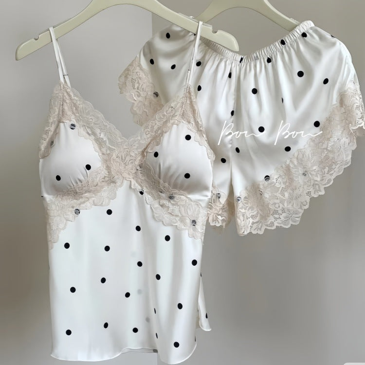 Pajamas Women's Summer Thin Ice Silk Sling Shorts suit Sweet Style Dot Lace Nightgown Home Clothes