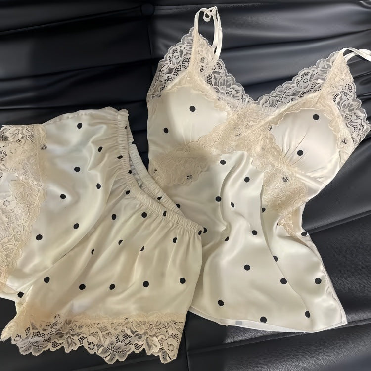 Pajamas Women's Summer Thin Ice Silk Sling Shorts suit Sweet Style Dot Lace Nightgown Home Clothes