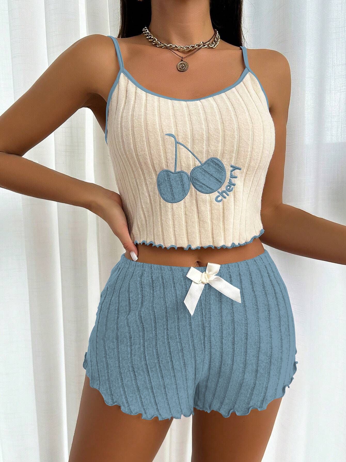 Embroidered halter top and shorts set
