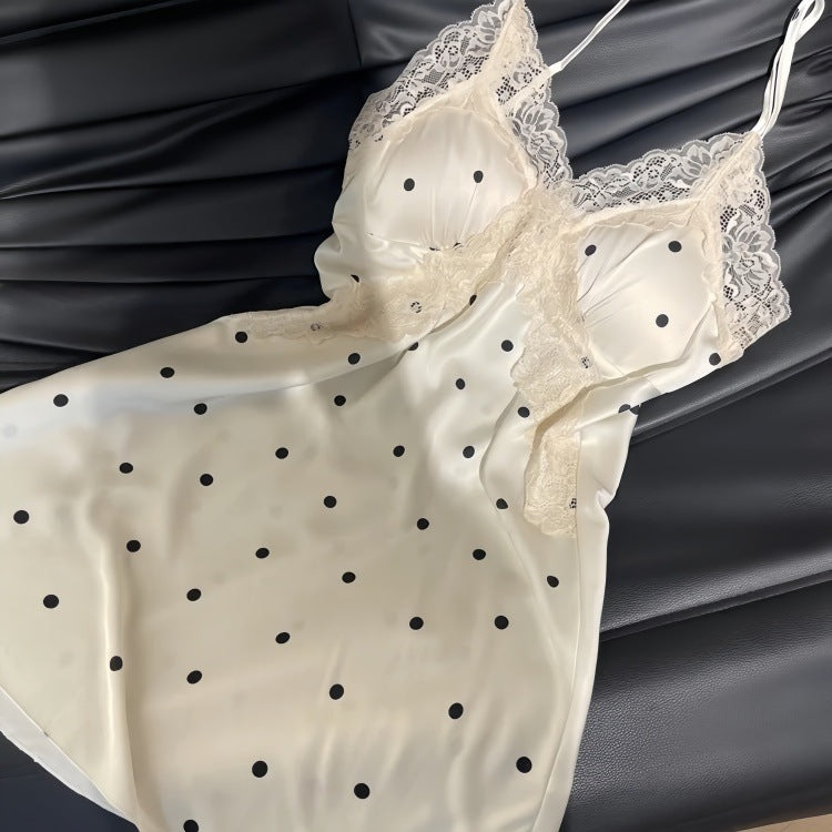 Pajamas Women's Summer Thin Ice Silk Sling Shorts suit Sweet Style Dot Lace Nightgown Home Clothes