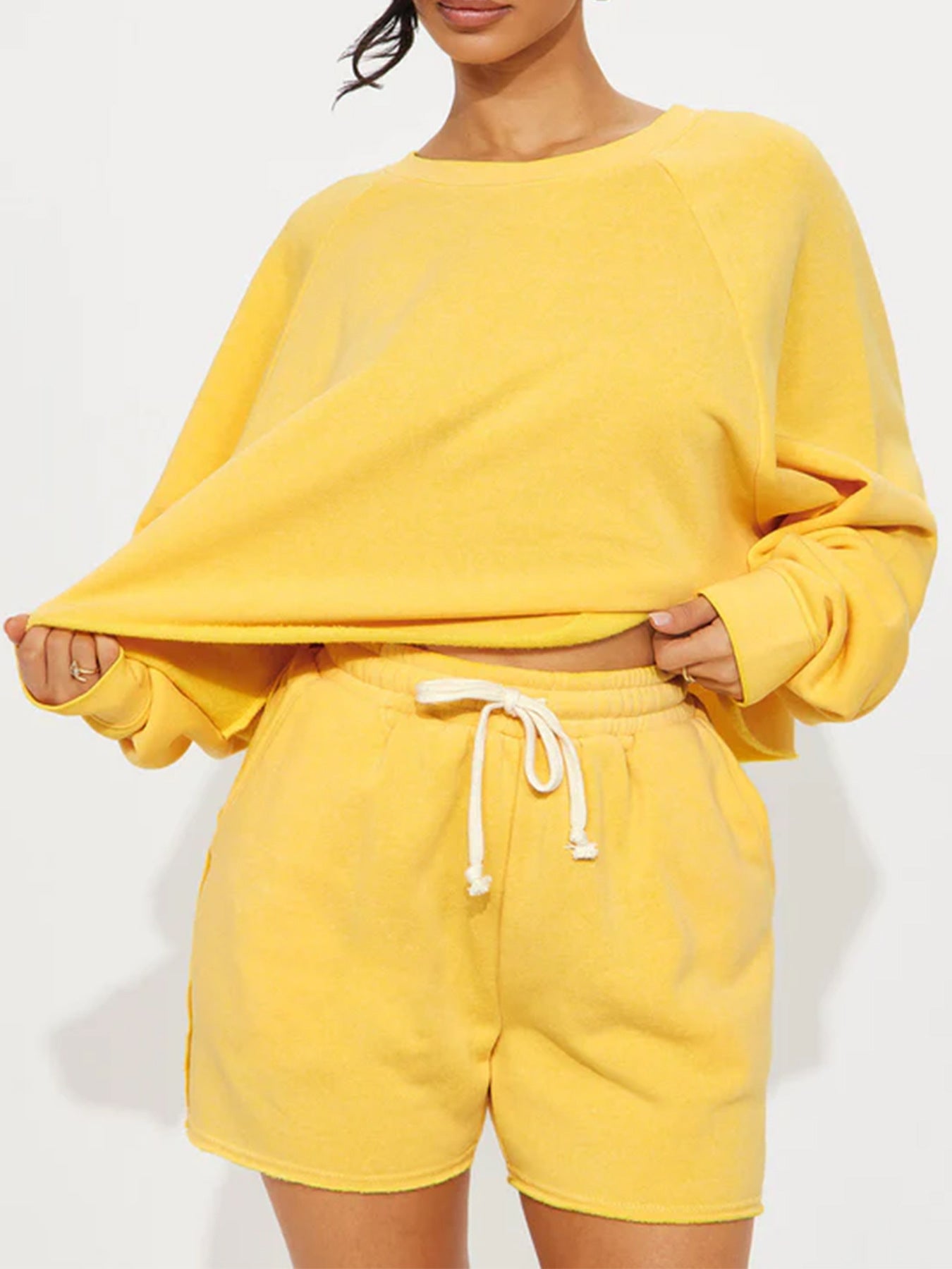 Pure Color Loose Sweatshirt Jogging Shorts Suit