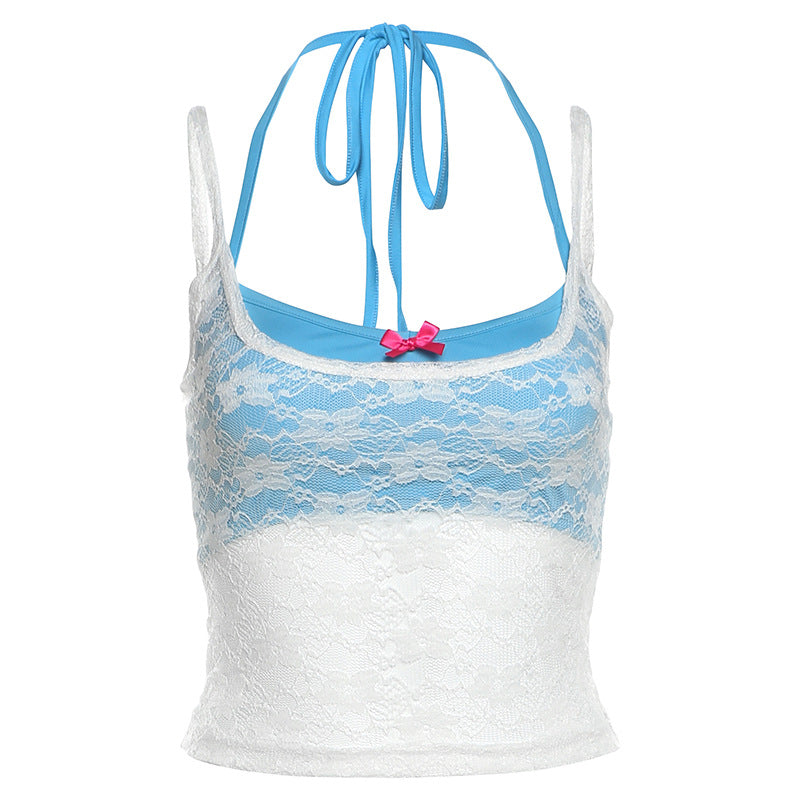 Net fabric halter top in solid color