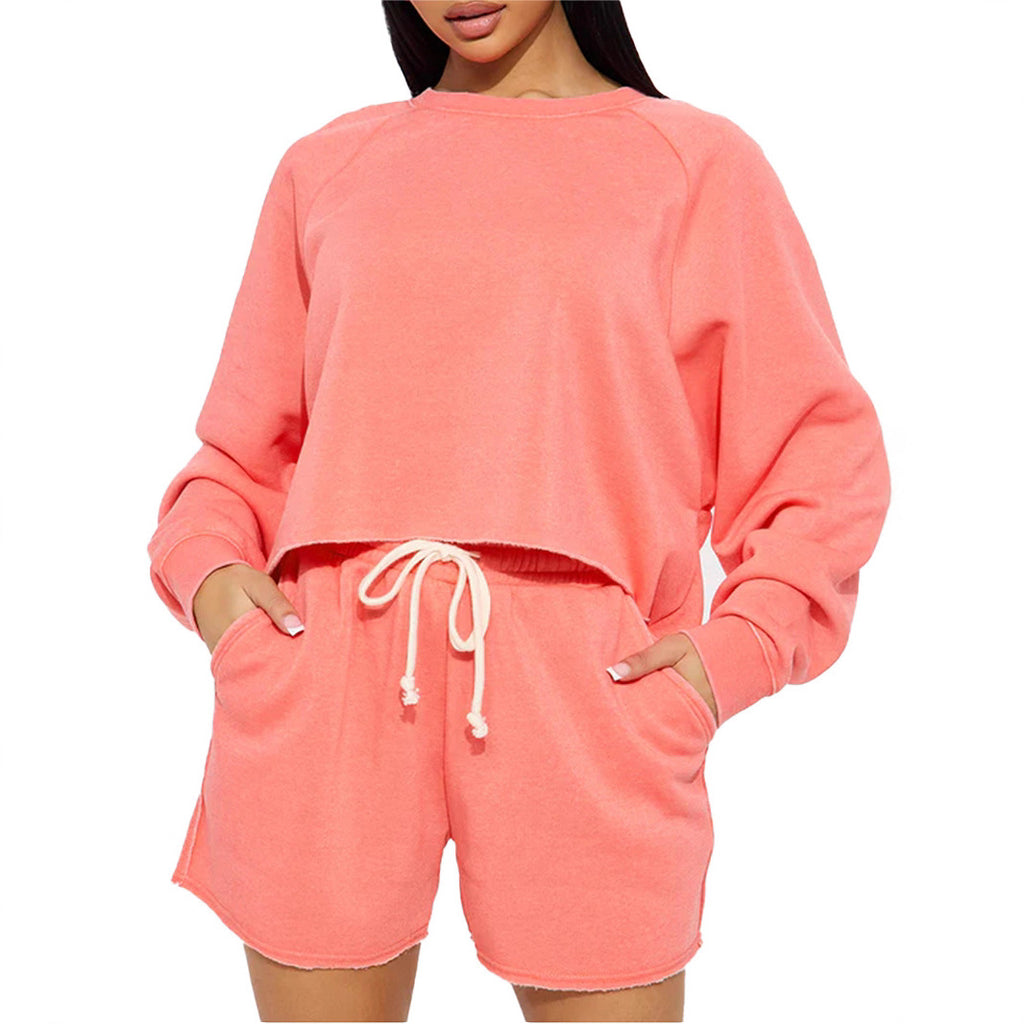 Pure Color Loose Sweatshirt Jogging Shorts Suit