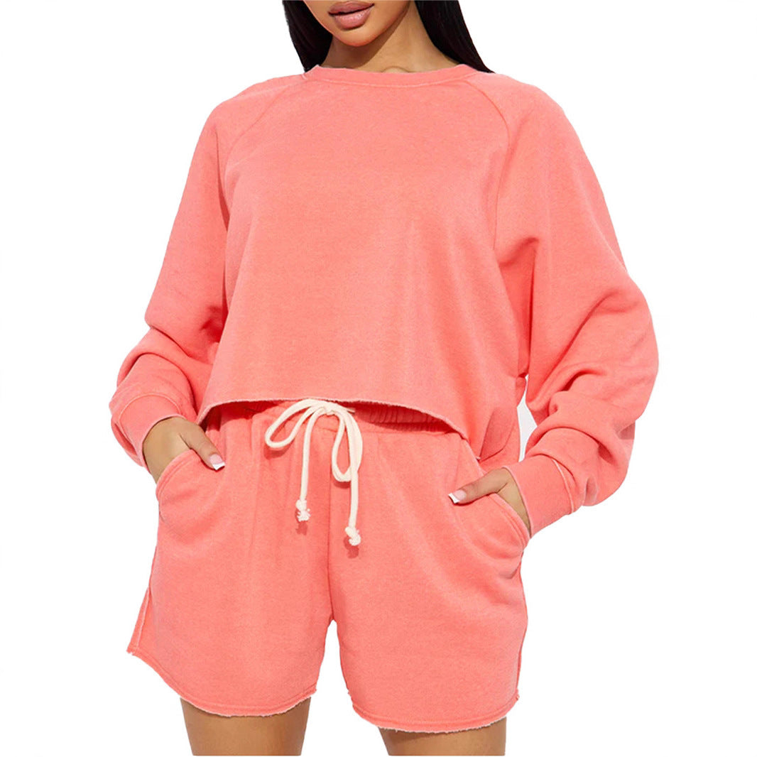 Pure Color Loose Sweatshirt Jogging Shorts Suit