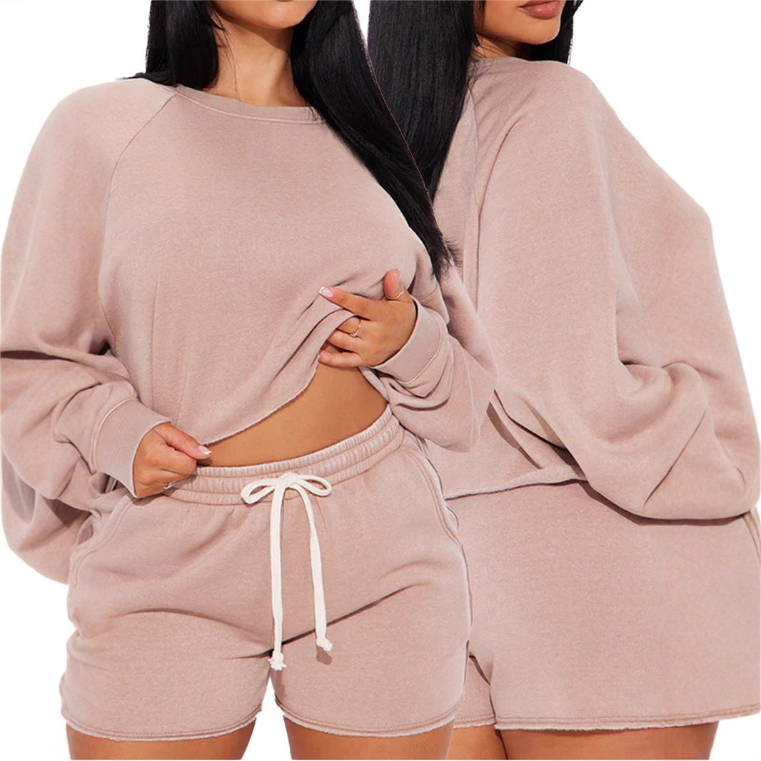 Pure Color Loose Sweatshirt Jogging Shorts Suit