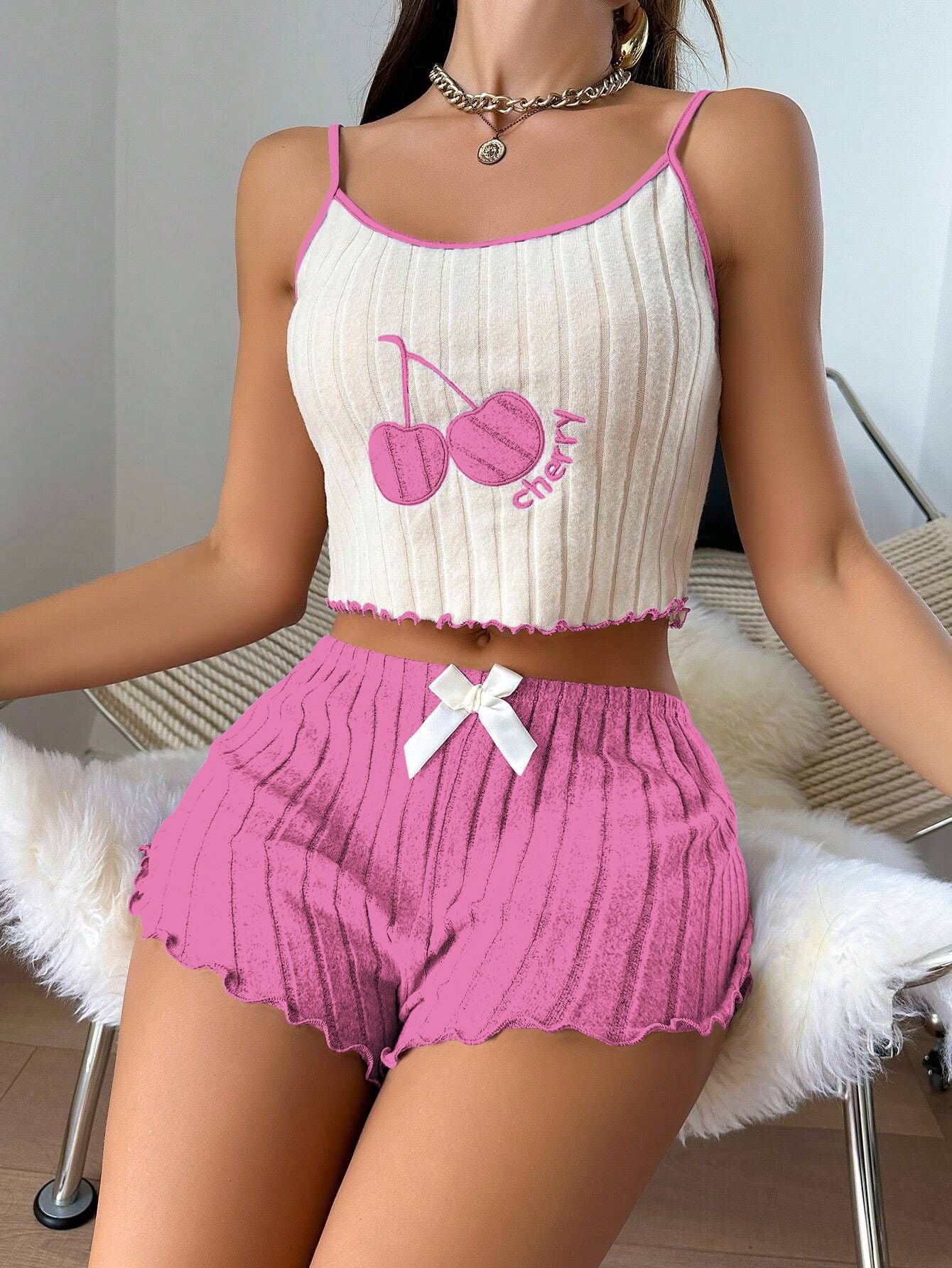 Embroidered halter top and shorts set