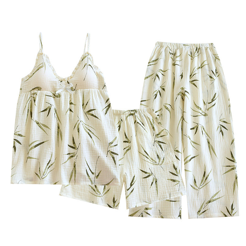 Women's Cotton Three-Piece Pajama Set with Built-in Chest Pad