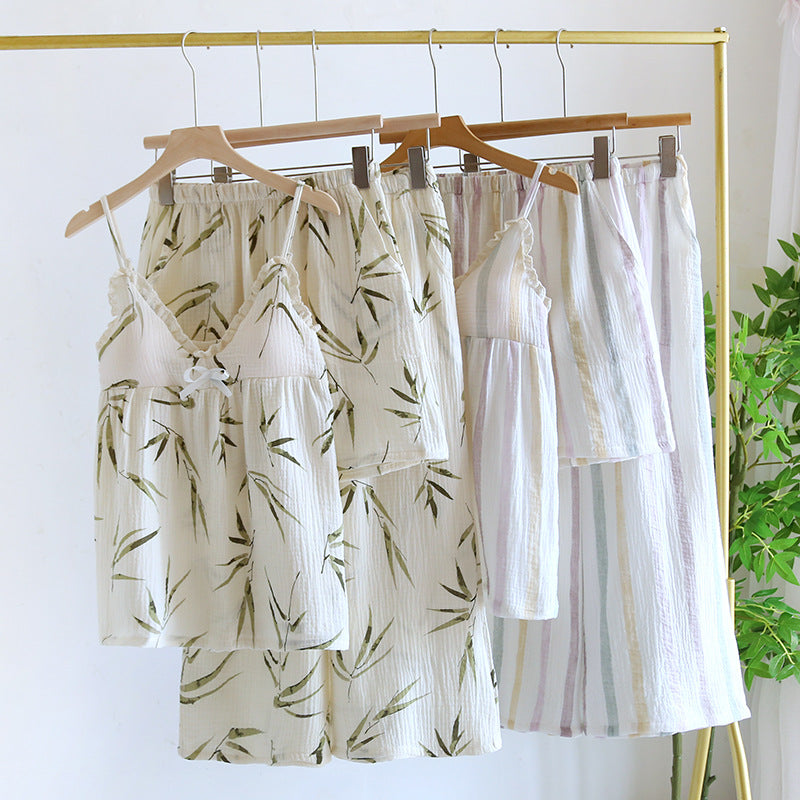 Women's Cotton Three-Piece Pajama Set with Built-in Chest Pad