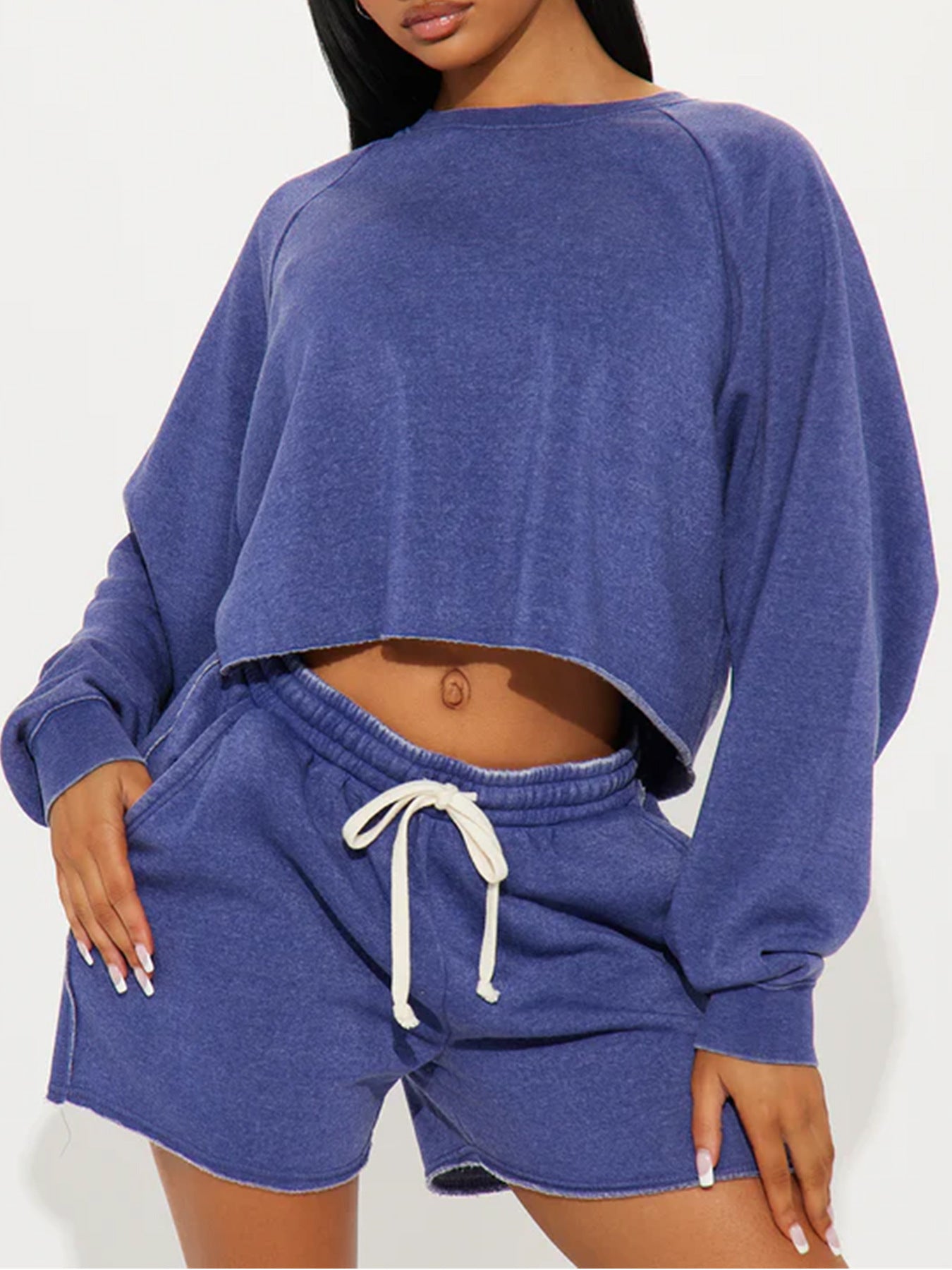 Pure Color Loose Sweatshirt Jogging Shorts Suit