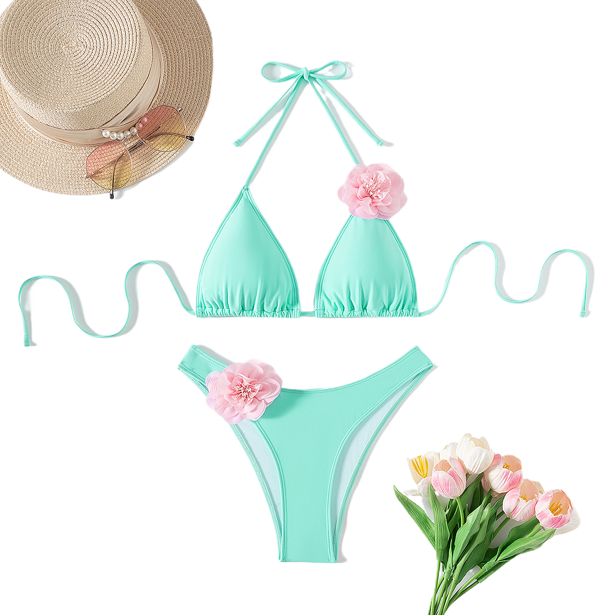 Solid Color Sexy Three-Dimensional Flower Bikini