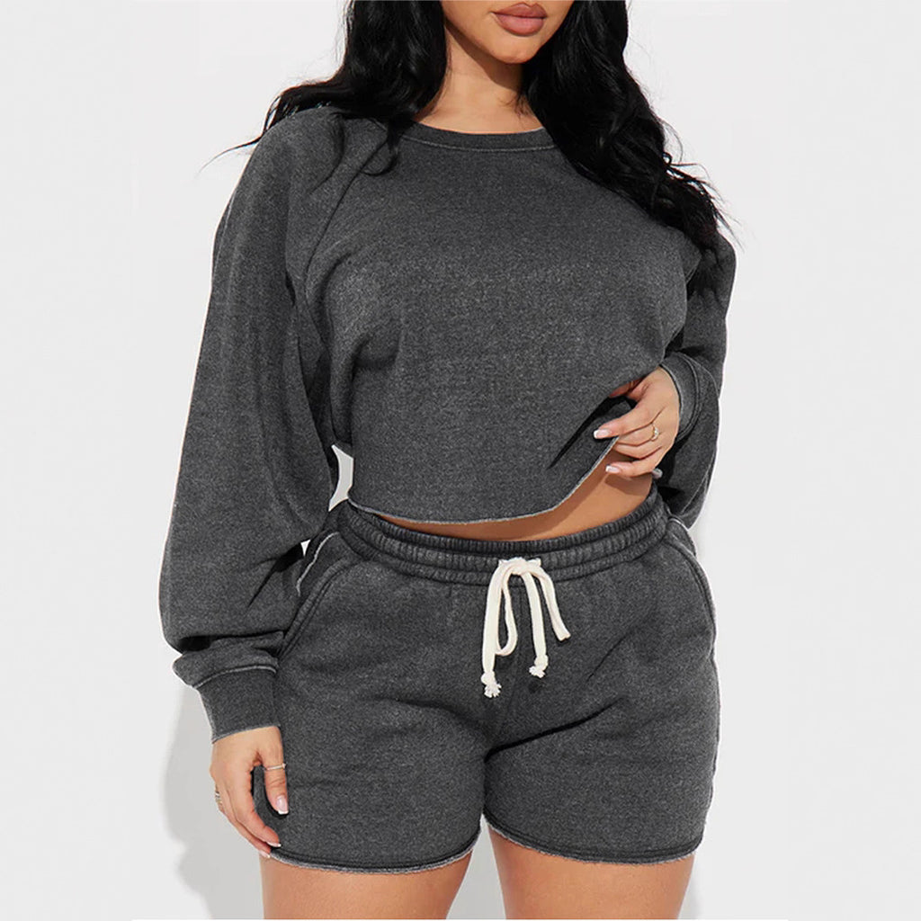 Pure Color Loose Sweatshirt Jogging Shorts Suit