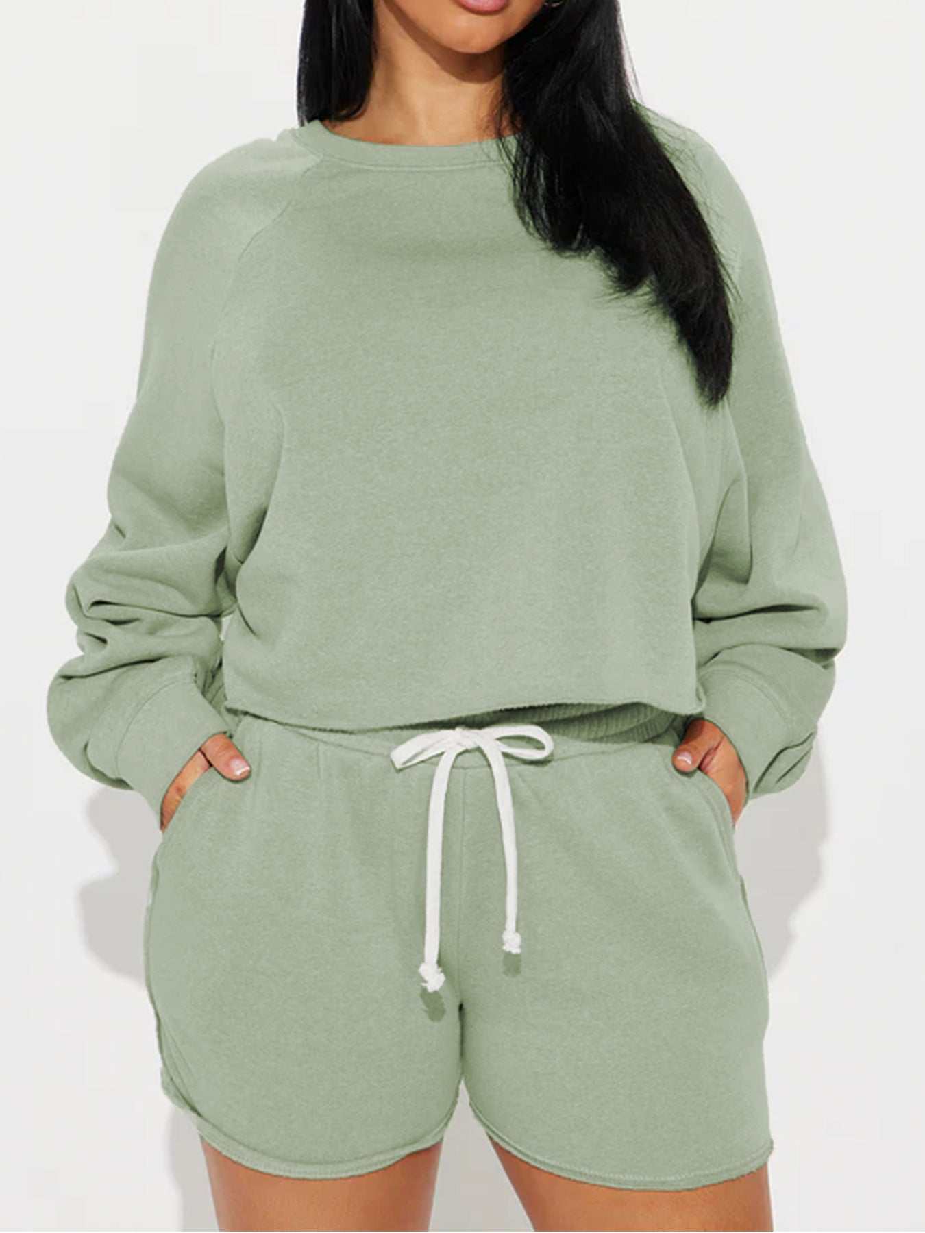 Pure Color Loose Sweatshirt Jogging Shorts Suit