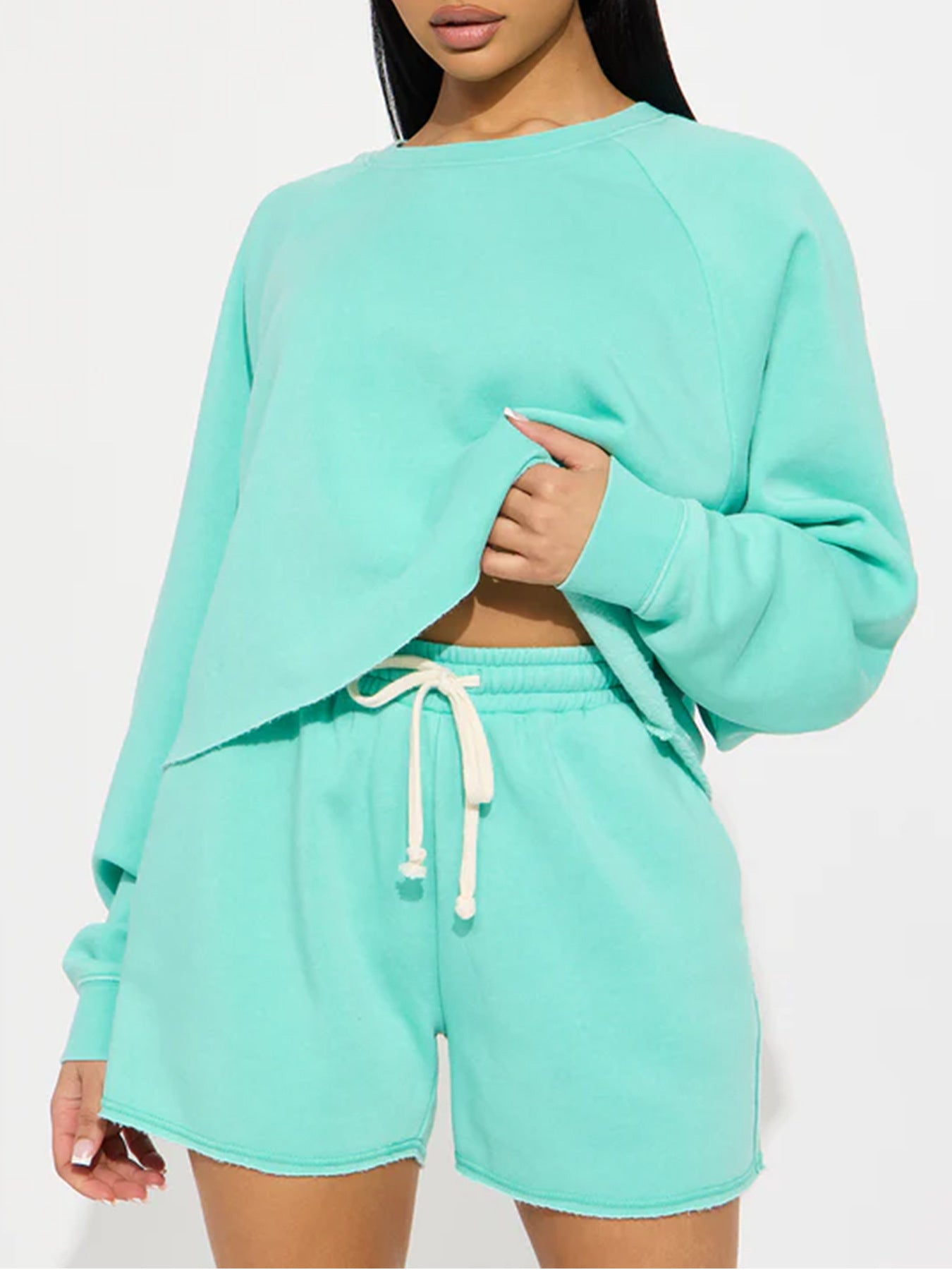 Pure Color Loose Sweatshirt Jogging Shorts Suit