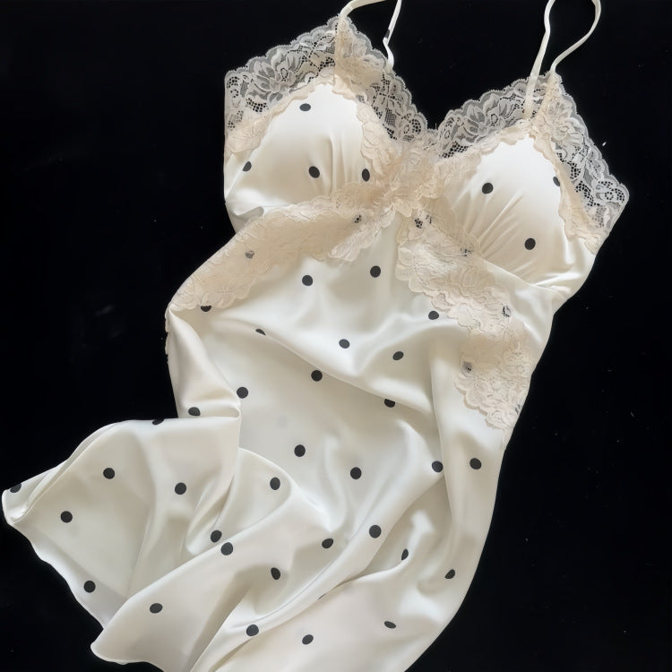 Pajamas Women's Summer Thin Ice Silk Sling Shorts suit Sweet Style Dot Lace Nightgown Home Clothes
