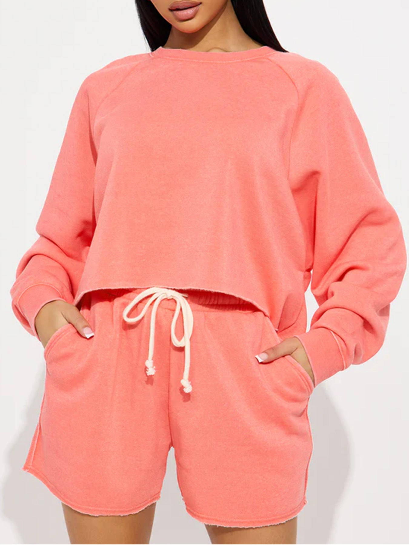 Pure Color Loose Sweatshirt Jogging Shorts Suit