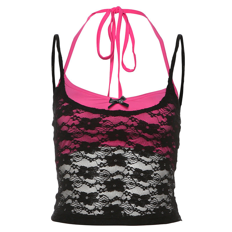 Net fabric halter top in solid color