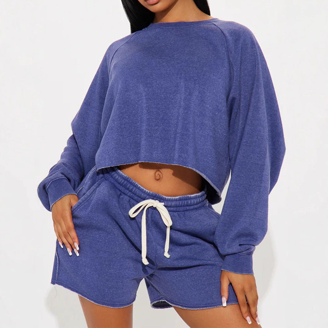 Pure Color Loose Sweatshirt Jogging Shorts Suit
