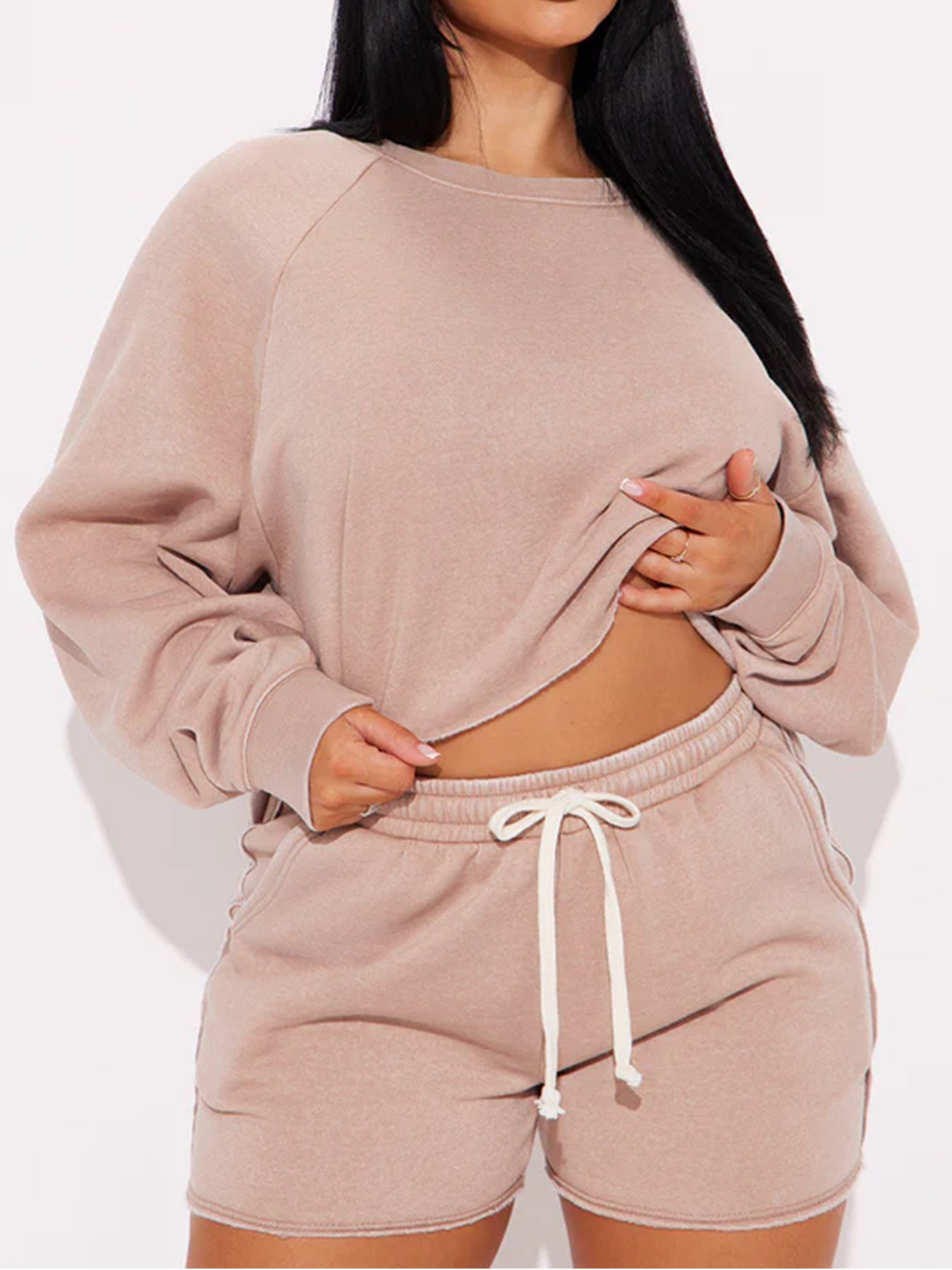 Pure Color Loose Sweatshirt Jogging Shorts Suit