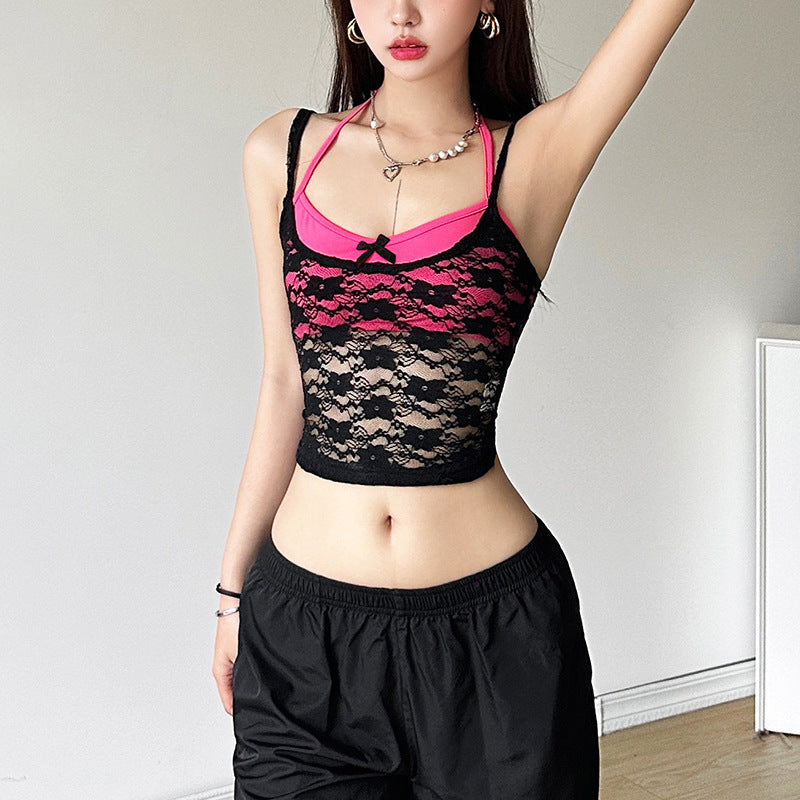 Net fabric halter top in solid color